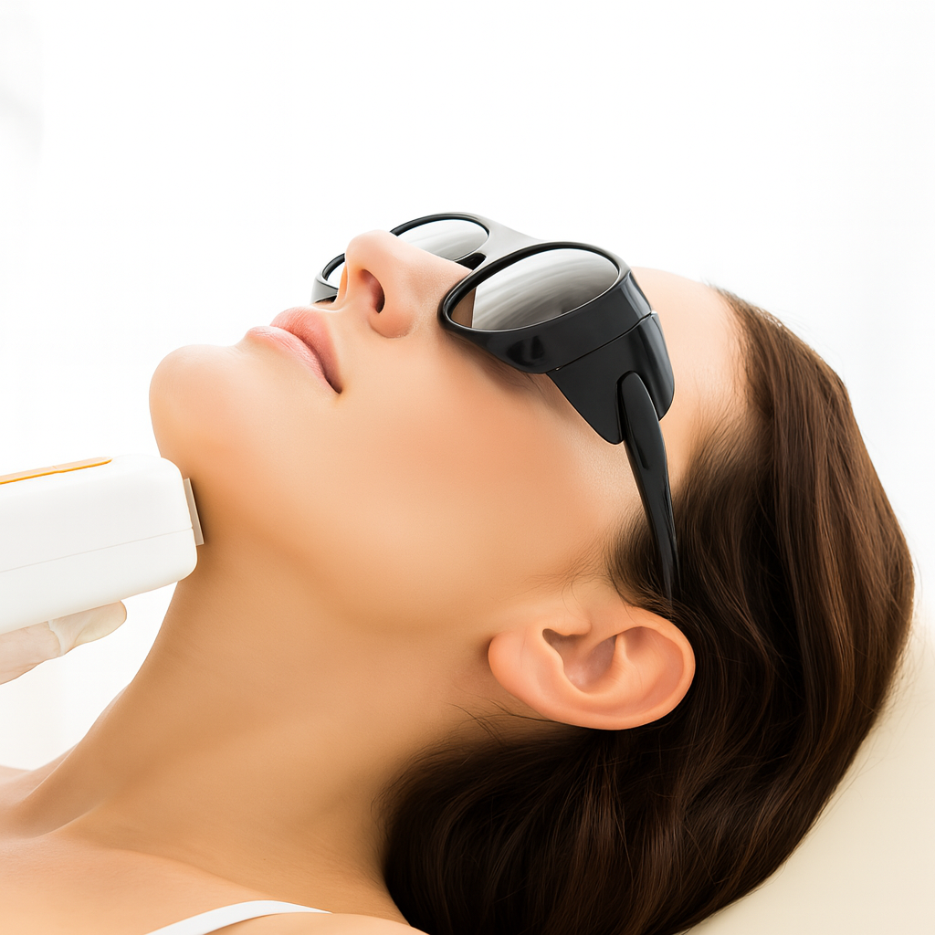Woman receiving laser treatment on her face with protective goggles. Ellisys Plus 49-Pin Microneedle Tips – Pinova