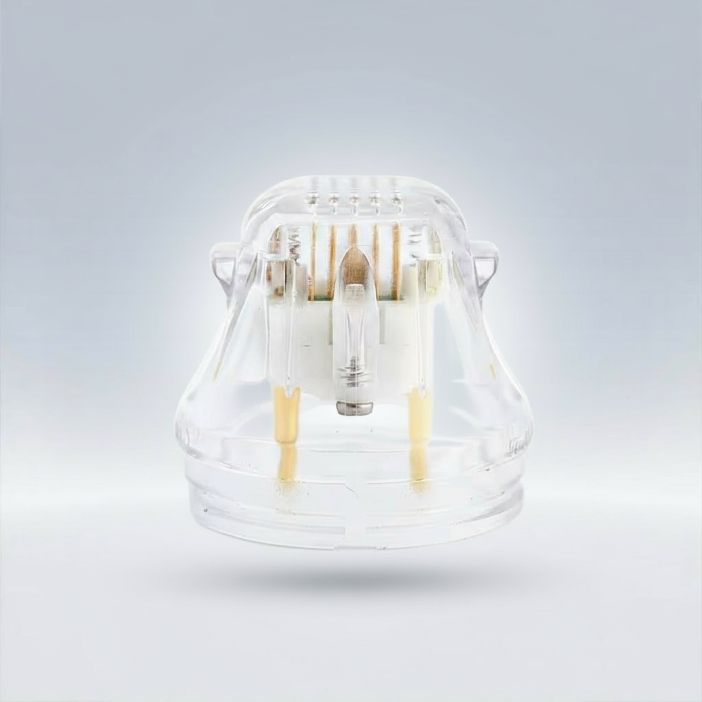 Clear glass container with light bulbs on a gradient gray background (PinOva Aesthetic)