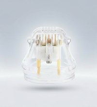 Clear glass container with light bulbs on a gradient gray background (PinOva Aesthetic)