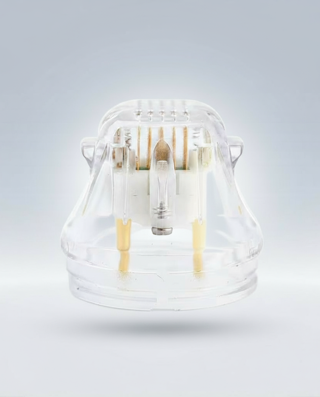 Clear glass container with light bulbs on a gradient gray background (PinOva Aesthetic)