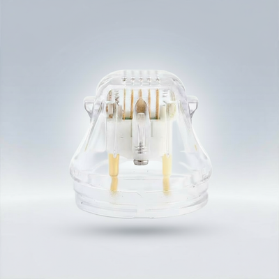 Clear glass container with light bulbs on a gradient gray background (PinOva Aesthetic)