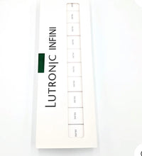 Open box of Lutronic Infini 49-pin microneedling tips showing individually packed cartridges, designed for RF skin treatment systems.