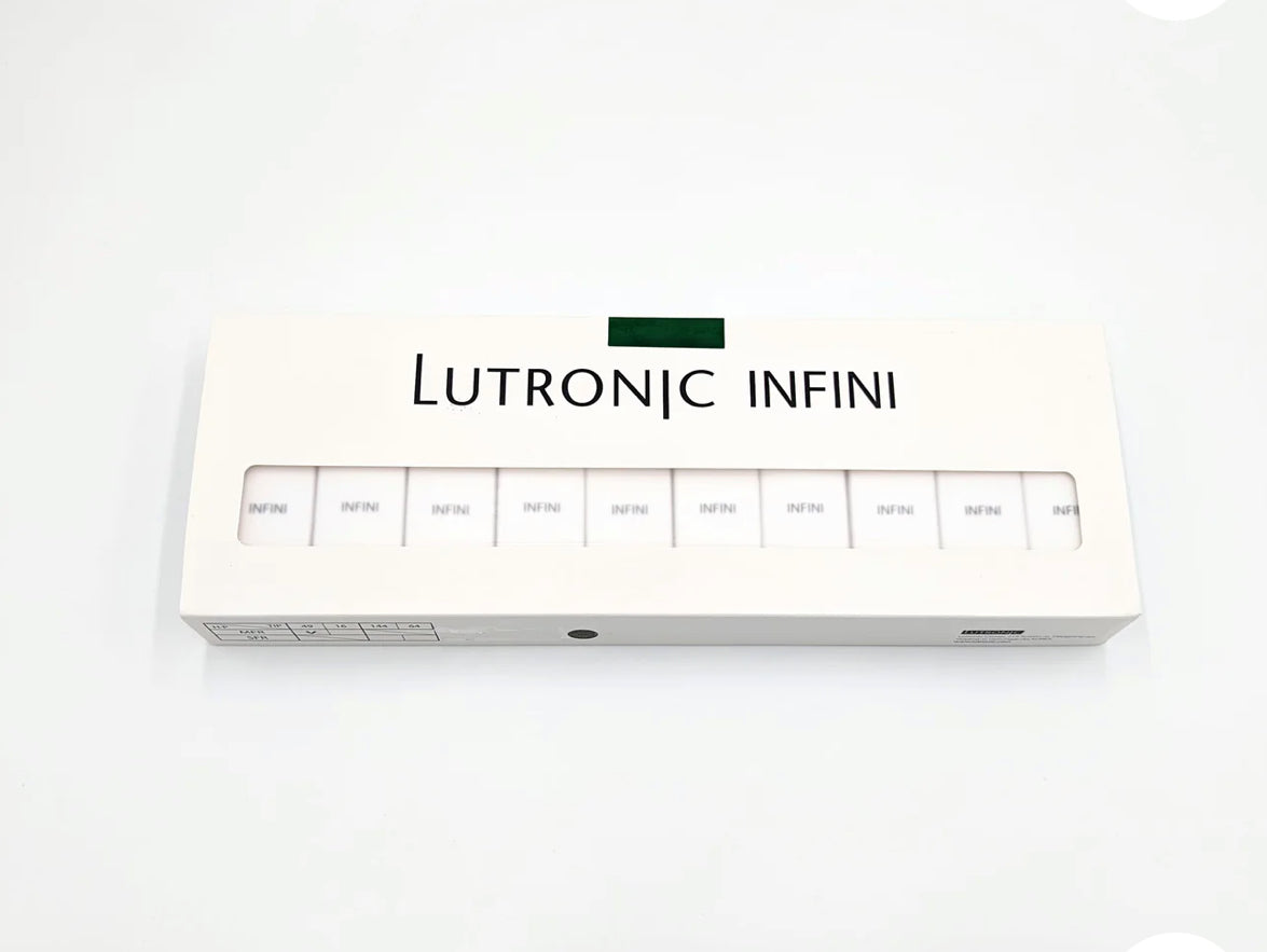 Full 10-pack box of Lutronic Infini 49-pin microneedling tips with clear window display, ideal for professional health and beauty use.