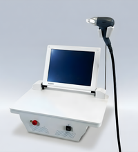 Medical device with a screen and handheld probe on a light gray background (PinOva Aesthetic)