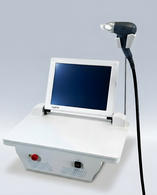 Medical device with a screen and handheld probe on a light gray background (PinOva Aesthetic)
