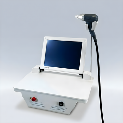 Medical device with a screen and handheld probe on a light gray background (PinOva Aesthetic)
