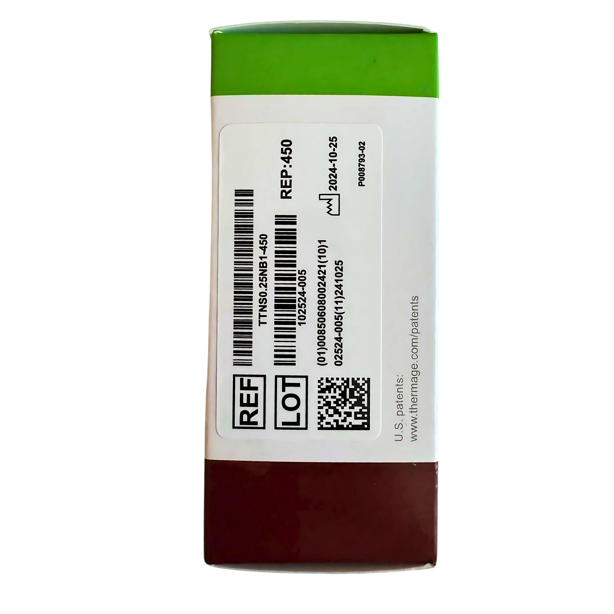 Back packaging of Thermage CPT Eye Tip 0.25cm² – 450 Reps showing lot number, expiration date, and barcode for professional use.