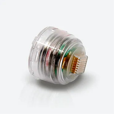Angled view of Lutronic Infini 49-pin microneedling tip displaying gold-insulated needles for advanced fractional RF skin therapy.