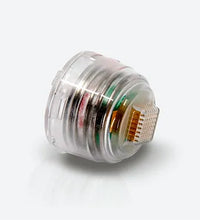 Angled view of Lutronic Infini 49-pin microneedling tip displaying gold-insulated needles for advanced fractional RF skin therapy.